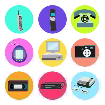 Set of trendy retro old cool hipster vintage round icons from 70s, 80s, 90s items mobile cell phone, electronic toy, computers, camera, videotape, video recorder, game console vector