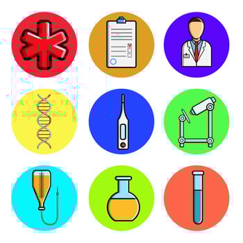 Set of medical round icons, medical equipment items, ambulance, medical history, doctor, dna, thermometer, microscope, dropper, flask. Concept healthcare, hospitals, drugs, medicine vector