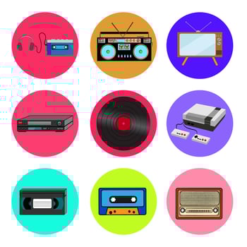 Set of trendy retro old cool hipster vintage round icons from 70s, 80s, 90s cassette music player, audio recorder, TV, VCR, vinyl, game console, videotape, audio cassette, radio vector