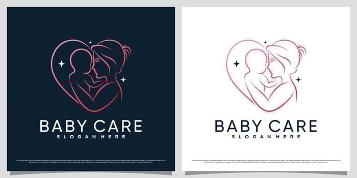 Baby care logo design template with line art style and heart shaped vector