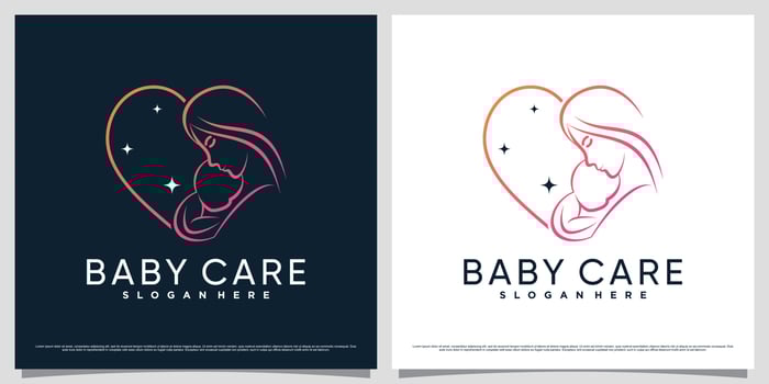 Baby care logo design template with line art style and heart shaped vector