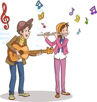 Group of street musicians, cartoon characters playing music, flat vector illustration isolated on white background. City streets performance or show, modern urban lifestyle scene.