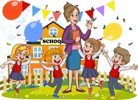 happy cute little kids boy and girl study with teacher.illustrations of cheerful children's school life. vector