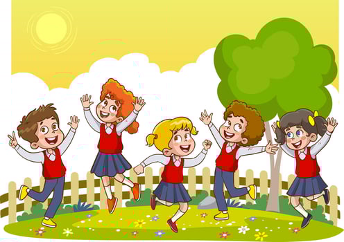 happy cute little kids boy and girl study with teacher.illustrations of cheerful children's school life. vector