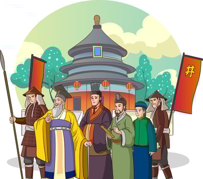 Japanese, Chinese, Mongolian Khan. Eastern warrior sitting in lotus position on the ground. Oriental man in helmet and with bow and sword. Cartoon cute character. Isolated vector