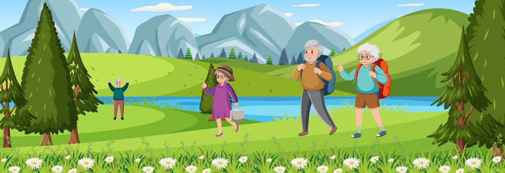 Elderly tourists in nature park vector