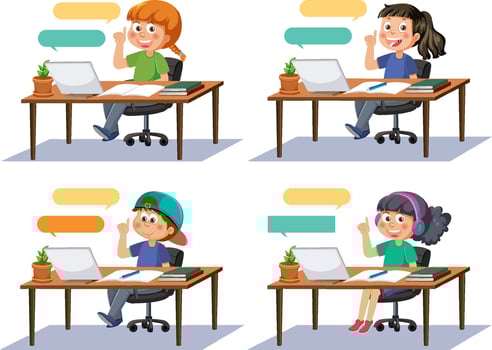 Set of different kids studying on laptop vector