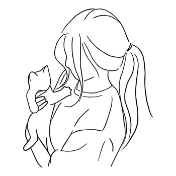 Line art minimal of woman holding cute cat in hand drawn concept for decoration, doodle style vector