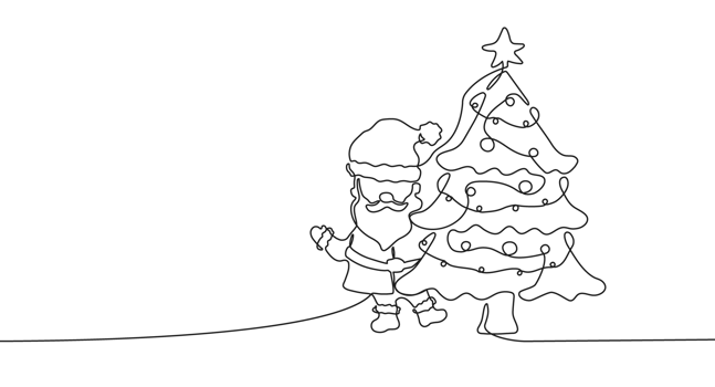 Continuous one line drawing of Santa Claus and christmas tree. Festive concept with christmas tree and character in line art style png