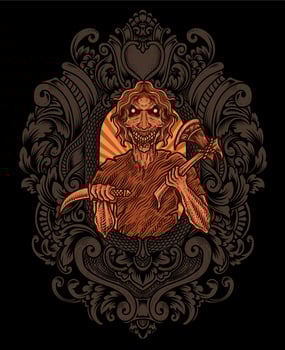 isolated scary zombie with engraving ornament frame vector