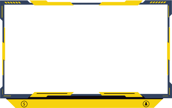 Stylish broadcast gaming overlay PNG with abstract digital shapes. Gaming overlay and screen interface decoration for online gamers. Live streaming overlay design with yellow and dark colors.