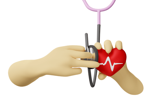 cartoon character doctor woman hands holding red heart with stethoscope and blood pressure heart rate isolated. world heart day concept, 3d illustration or 3d render png