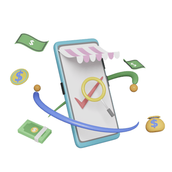 3d store front with mobile phone, money bag, check mark, magnifying glass, banknote, coin for online marketing isolated. Startup franchise business concept, 3d render illustration png