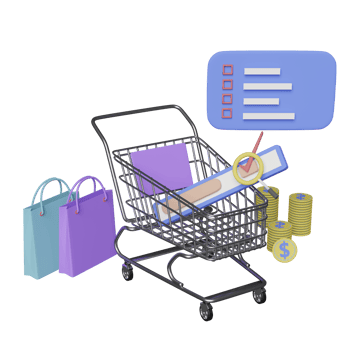 shopping cart and bar searching with shopping paper bags, graphic elements, magnifying glass, dollar coins isolated. 3d illustration or 3d render png