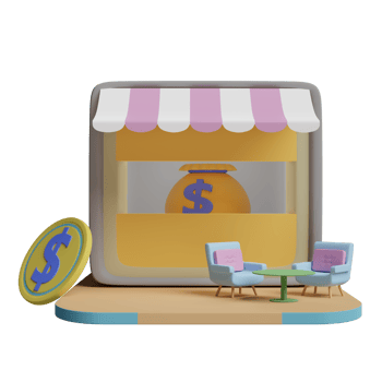 store front with coffee table, coin, money bag isolated. Startup franchise business concept, 3d illustration or 3d render png