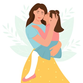 Mom hugs her daughter. Mother holds child.Parent shows love and care. Vector illustration