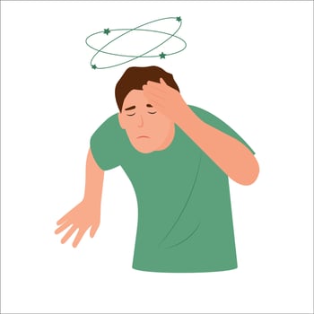 Dizziness. Man with closed eyes holds his hand on head, stars spin around his head. Sick man with vertigo.Vector illustration, flat design. vector