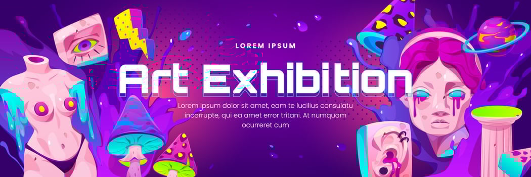 Psychedelic art exhibition banner, greek sculpture vector