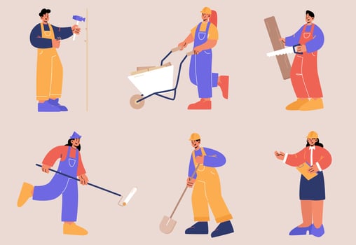 Set of repair service workers, builders, repairmen vector