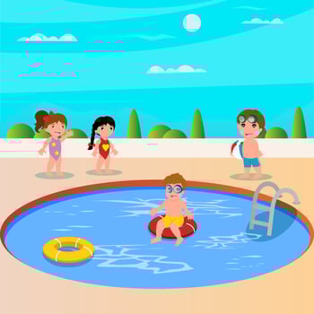 Kids are having fun at the pool. Cute children play at the pool vector