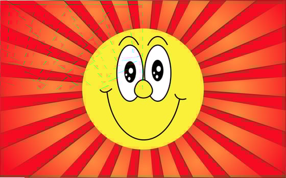 Emotional yellow round smiling happy face emoji on a background of abstract red rays. Vector illustration