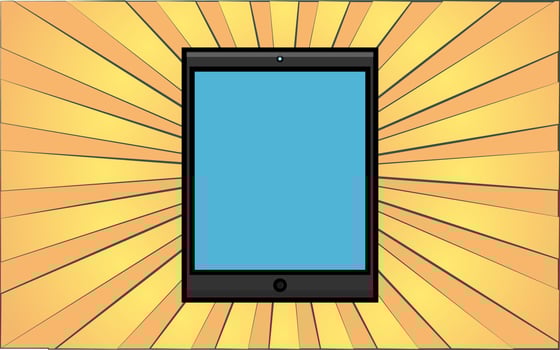 Modern digital mobile tablet on a background of abstract yellow rays. Vector illustration
