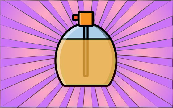 Beauty glamorous yellow perfume in a glass bottle for beauty guidance on a background of abstract purple rays. Vector illustration