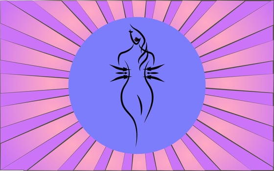Linear round icon of a female figure with a waist and weight loss on a background of abstract purple rays. Vector illustration