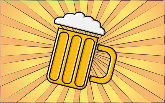 A tasty glass of alcoholic yellow foamy beer in a mug on a background of abstract yellow rays. Vector illustration