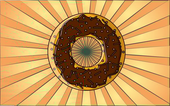 Delicious floury round hearty fresh donut in chocolate on a background of abstract yellow rays. Vector illustration