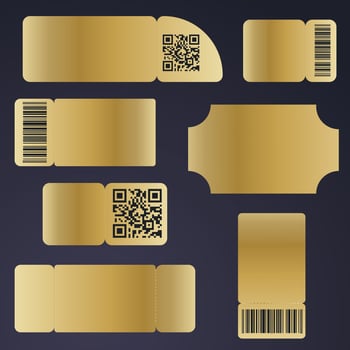 A set of blank tickets. Golden ticket layout for concert, seating, raffle, movie and coupon with barcode and QR code. vector