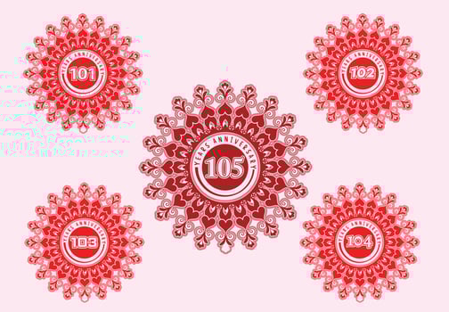 101 to 105 years anniversary logo and sticker design vector