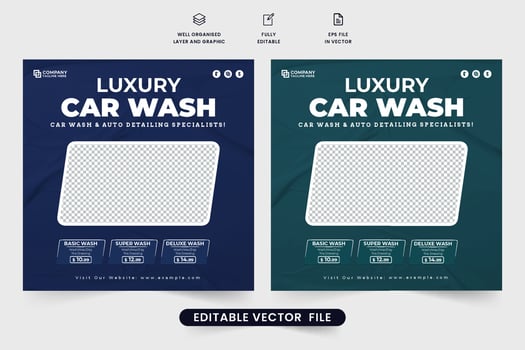 Car wash social media post vector with dark backgrounds. Automobile repair and cleaning service template for digital marketing. Modern vehicle wash business promotional web banner vector.