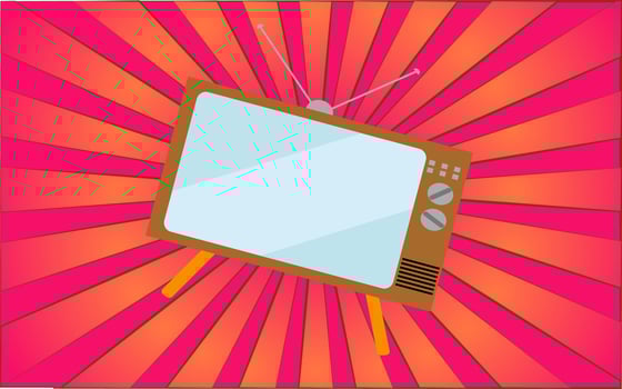 Retro old antique hipster kinescope TV on legs from the 70s, 80s, 90s, 2000s against a background of abstract red rays. Vector illustration