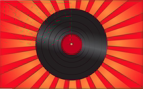 Retro old antique hipster musical vinyl record from the 70s, 80s, 90s, 2000s against a background of abstract red rays. Vector illustration