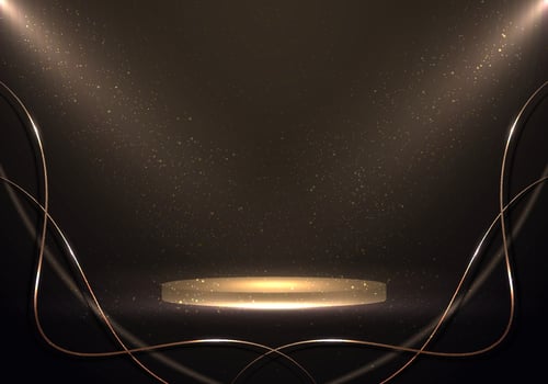 3D podium brown stage scene background with spotlights and dust particles vector