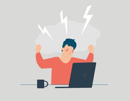 Exhausted man sitting at his workplace with a laptop. Stressed freelancer has a lot of work after a long working day. Illustration of E-learning, work pressure. Emotional burnout, breakdown concept vector