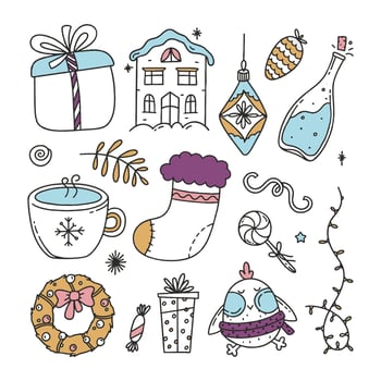 Set Christmas elements vector Illustration Doodle isolated on white Background Christmas Concept