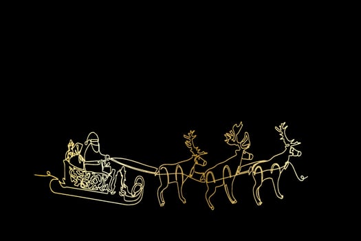 One line drawing. Vector cartoon sleigh with reindeer, Santa Claus sleigh. Christmas element with cute deers