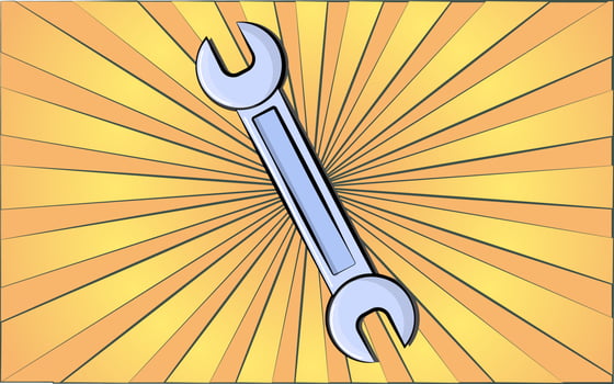 Construction repair fitter's tool open-end wrench for tightening the nut on a background of abstract yellow rays. Vector illustration