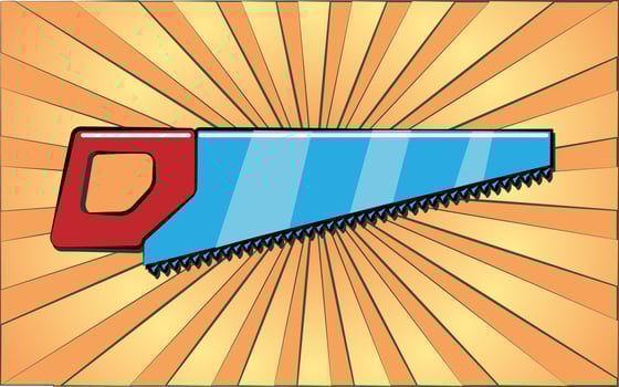 Construction repair tool metal hand saw on a background of abstract yellow rays. Vector illustration