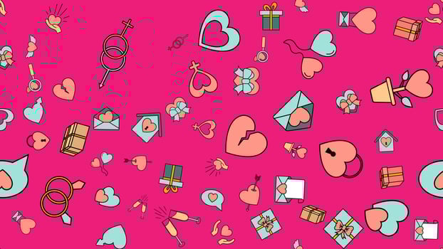 Texture seamless pattern from a set of love items with hearts and gifts for the holiday of love Valentine's Day February 14 or March 8 on a purple background. Vector illustration