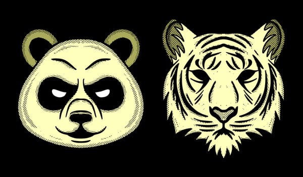 Panda and tiger Collection set Doodle Illustration cartoon sketch colorful for tattoo, stickers, etc vector