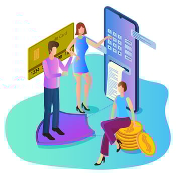 Isometric image of secure online payments.Data and password protection.Secure money transfer.People credit card and smartphone.The concept of safety and reliability. vector