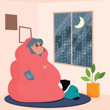 Girl character on a blanket Hygge Scenario Vector illustration