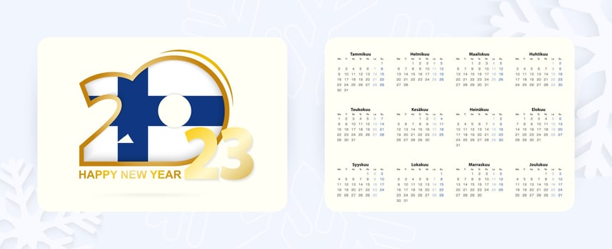 Horizontal Pocket Calendar 2023 in Finnish language. New Year 2023 icon with flag of Finland. vector
