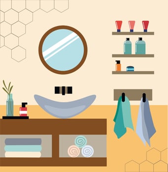 Trendy bathroom with accessories in brown style. Vector flat illustration. Bathroom interior.