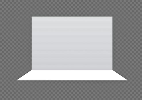 Exhibition stand. White empty advertising stand with desk. Vector white blank geometric square. Presentation room display. White creative exhibition stand design. Stand template. Corporate identity.
