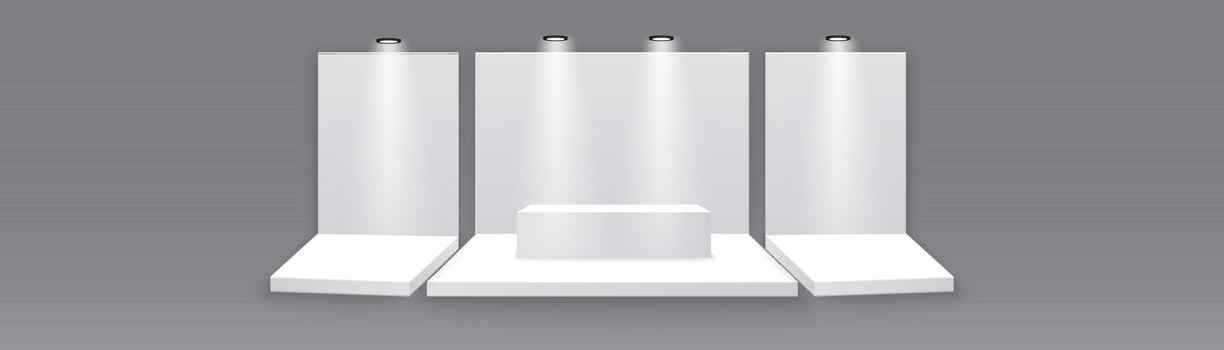 Exhibition stand. White empty advertising stand with desk. Vector white blank geometric square. Presentation room display. White creative exhibition stand design. Stand template. Corporate identity.