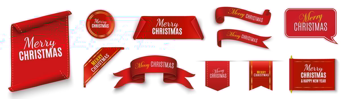 Labels Merry Christmas and Happy New Year. Red scrolls and banners isolated. Christmas scroll vector illustration, red color banner. Merry Christmas and Happy New Year label.